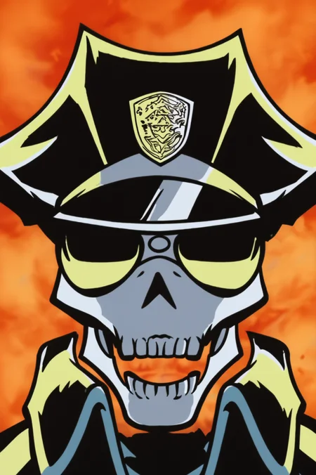 anime screencap, rating safe, Inferno Cop, upper body <lora:Uchuu_Patrol_Luluco-Inferno_Cop-PDXL:0.8>