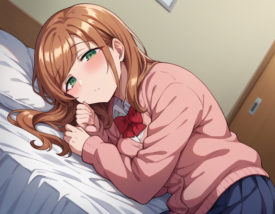 score_9, score_8_up, score_7_up, source_anime,
minakosanada, <lora:minako-sanada-ponyxl-lora-nochekaiser:1>
minako sanada, long hair, brown hair, green eyes, mature female,
long sleeves, bow, school uniform, bowtie, red bow, cardigan, pink cardigan, skirt, blue skirt,
indoors, bed, bed room, on side, blush, drunk,
looking at viewer, dutch angle, cowboy shot,