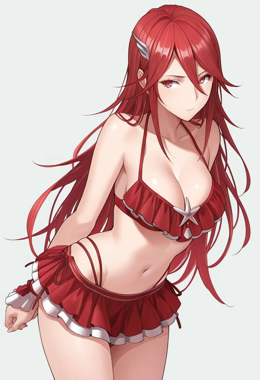 masterpiece, best quality, crimsonj-girl.fightil,
1girl, CordeliaSummer, long hair, red hair, hair ornament, red eyes, swimsuit, red bikini, bikini skirt, breasts, cleavage,
simple background, perfect anatomy