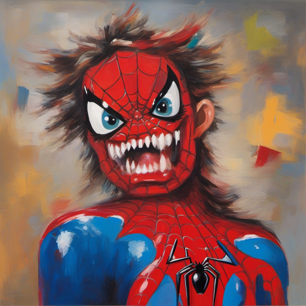 painting of Spiderman with sharp teeth, George Condo Style, horror(theme),   <lora:MBTDF xl-000002:0.9>