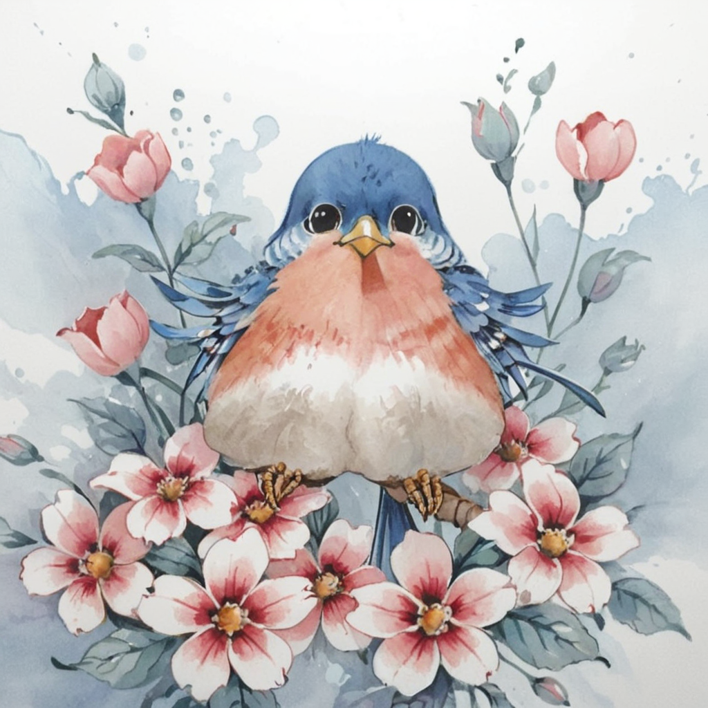 cute bird, flowers, abstract watercolor, csw, black eyes <lora:CSW-Style-2-000017:0.8>