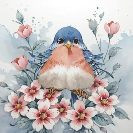 cute bird, flowers, abstract watercolor, csw, black eyes <lora:CSW-Style-2-000017:0.8>