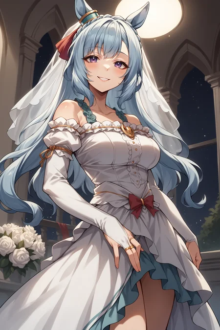 score_9, score_8_up, score_7_up, , rating_general ,1girl , ards, crown braid, horse ears, ear ornament, drill sidelocks, twin drills,  wedding dress, wedding ring, bridal gauntlets, bridal veil,  dynamic angle , source_anime    ,  cowboy shot, indoors, naughty face, smile, night, outdoors, <lora:ArdanPDCAME UMA:1>,