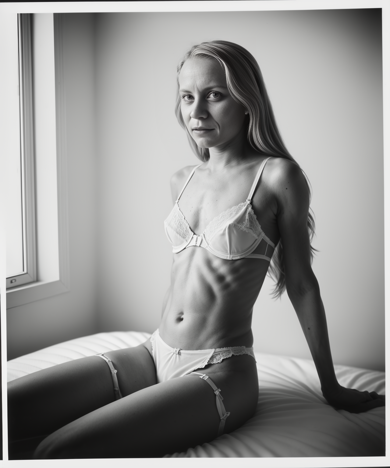 1940's photograph of  jp-SvetaF wearing vintage lingerie Cream full-slip with adjustable straps, soft cup bra, rayon panties. Captured using a Graflex Series B, with Kodak Tri-X film