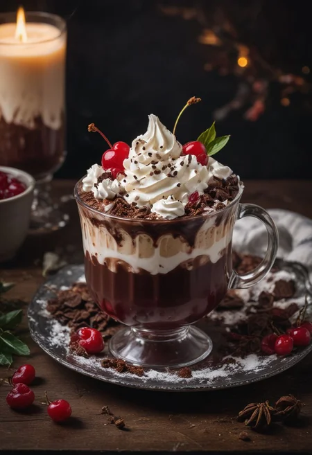 RAW photo, black forest hot chocolate, cozy winter evening, food photo, DSLR, whipped cream and cherry compote garnish, soft lighting, high quality, film grain, Fujifilm XT