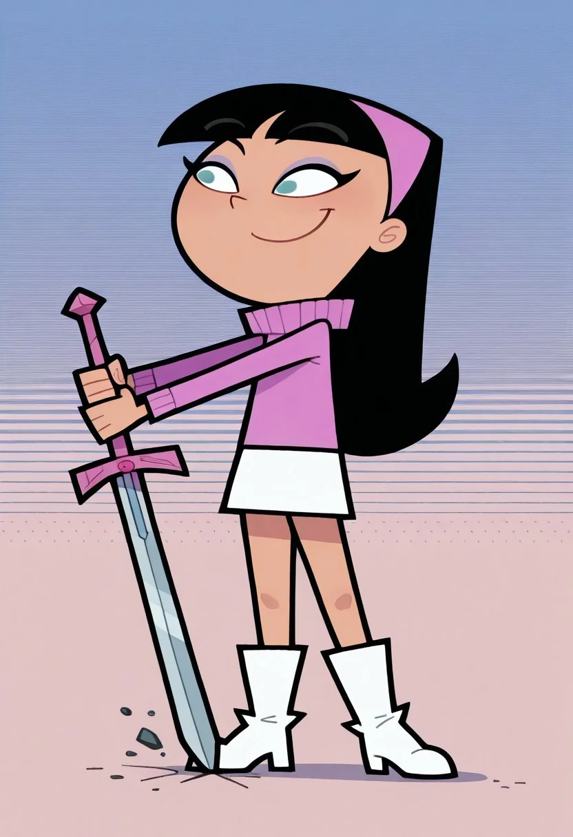masterpiece, best quality, 1girl, solo, eyelashes, (beautiful eyes),
trixie, black hair, 1girl, pink turtleneck sweater, long hair, pink hairband, bangs, eyeshadow, smile, white skirt, makeup,white boots
,
inked drawing, hatching (texture), bold lines, high contrast, dramatic shadows, rough textures, dynamic pose, action, detailed broadsword, sword focus,