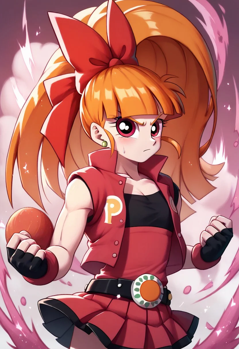 score_9, score_8_up, score_7_up,
<lora:Akazutsumi_Momoko_PONY:0.8>,akazutsumi momoko, 1girl,solo,long hair,red eyes,blunt bangs,orange hair, ponytail,red bow, fingerless gloves, skirt, belt, red vest,Kipowerup, small ki,glowing energy field, sharp jagged energy waves,energy radiating from skin, pink aura