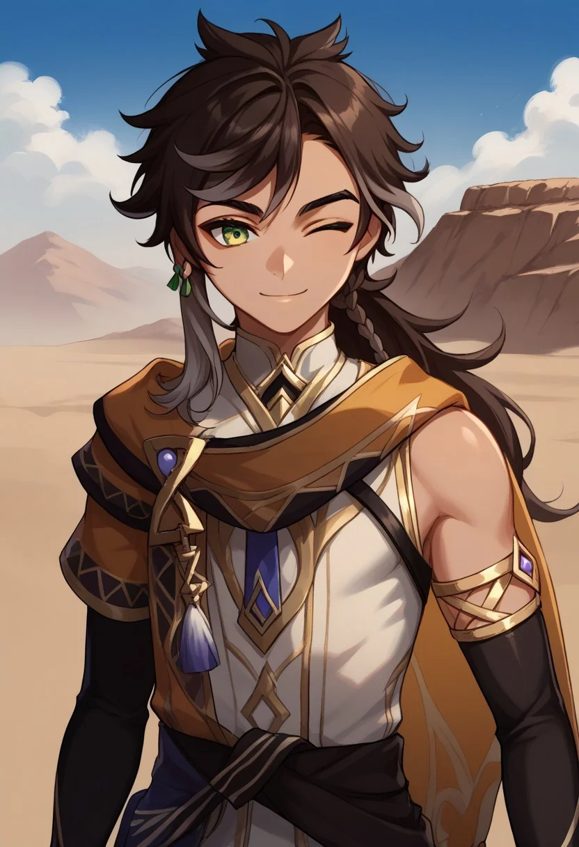 score_9, score_8_up, score_7_up, source_anime, highly detailed,
sethos, 1boy, male focus, solo, dark skin, dark-skinned male, multicolored hair, two-tones hair, streaked hair, brown hair, black hair, long hair, green eyes, shirt, white shirt, sleeveless, cape, orange cape, sash, upper body, from back, braid, ponytail, smile, one eye closed,
outdoor, desert,