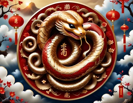 	Imagine a dynamic logo for the Chinese New Year, representing the Year of the Snake. At the center, a stylized, sinuous snake in intertwined red and gold scales symbolizes luck and prosperity. The snake forms a circle, creating a sense of harmony and continuity. In the background, patterns of clouds and festive lanterns add a touch of Chinese tradition. At the bottom, in calligraphic characters, the inscription "Year of the Snake" in gold illuminates the logo. This design evokes both the wisdom and energy of the magnificent year ahead, inviting everyone to celebrate with joy and hope