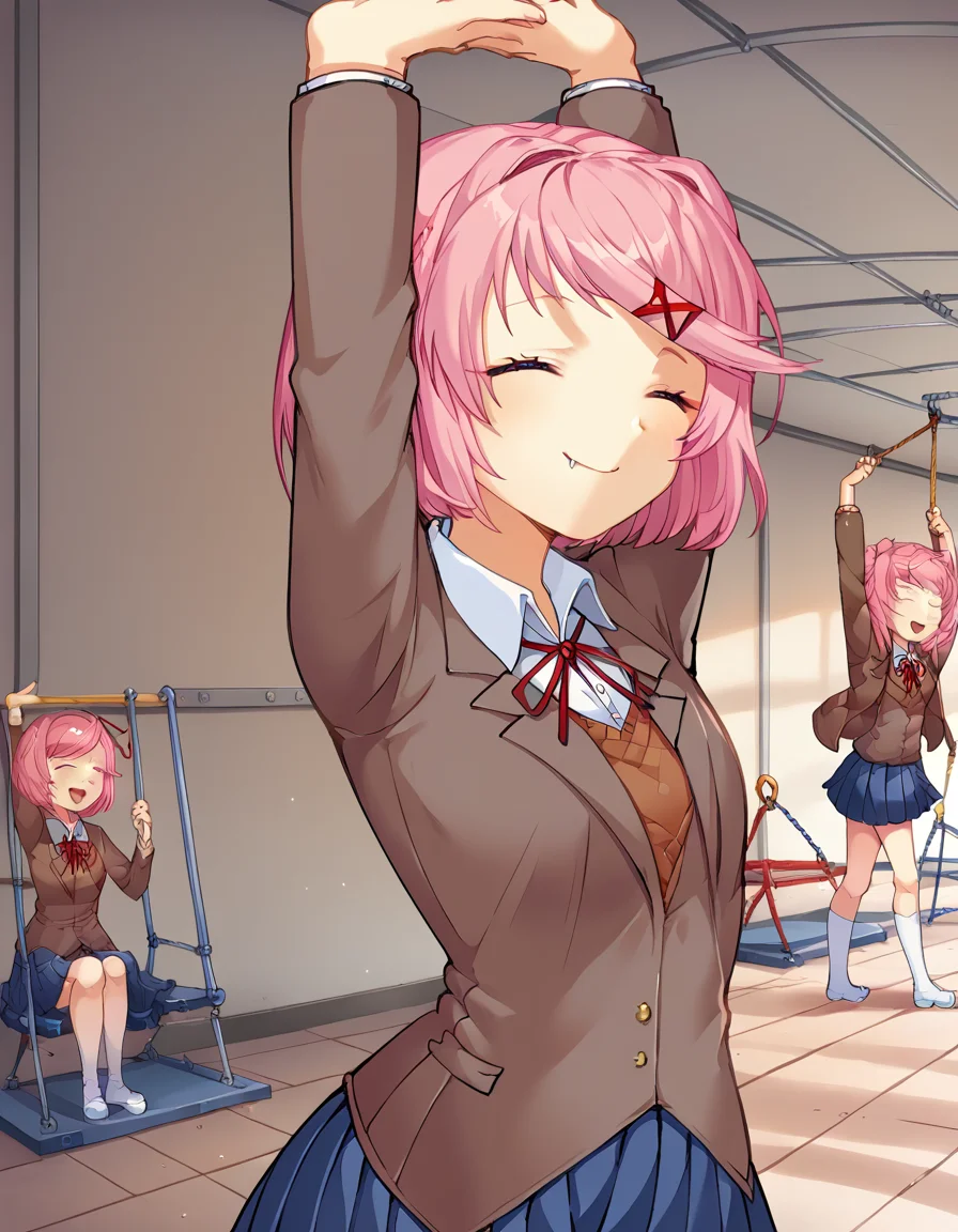 score_9, score_8_up, score_7_up, source_anime, <lora:ddlc-natsuki-ingame-ponyxl-lora-nochekaiser:1>, natsuki, fang, hair ornament, pink hair, purple eyes, short hair, short sidetail, swept bangs, x hair ornament,, blazer, blue skirt, brown jacket, collared shirt, jacket, long sleeves, miniskirt, neck ribbon, pleated skirt, red ribbon, ribbon, school uniform, shirt, skirt, swept bangs, vest, white shirt, wing collar,, public park, playground, swing set, laughter, sunny day, smile, <lora:cammy-stretch-ponyxl-lora-nochekaiser:1> cammy stretch, cammy stretch (meme), stretching, arms up, arched back, closed eyes, smile, cowboy shot,, looking at viewer, solo,, dutch angle, cowboy shot