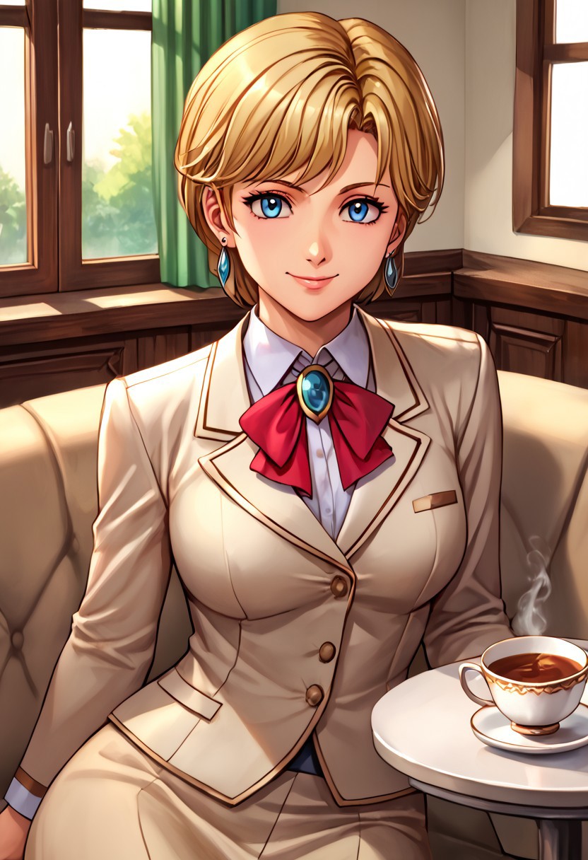 score_9, score_8_up, score_7_up, source_anime, , (best quality) , (highly detailed) , (best quality) , (highly detailed) ,((masterpiece)), ((best quality)), (ultra-detailed), ((extremely detailed)), (high resolution), 4K, (8K), best quality, (beautiful), (dynamic lighting), (super detailed skin), sharp focus, (1_girl, solo focus), shiny skin, masterpiece ,absurdres ,detailed face ,<lora:pony_xl_Hildegard:0.8>,Hildegard,score_9,score_8_up,1girl,female,kawaii,solo,short hair,earrings,suit,white collared shirt,ascot,brooch,upper_body,looking_at_viewer,smile,closed mouth,sitting,couch,table,window_,curtains,stretching your spine,cup,teacup,saucer,parody,, cinematic lighting, Intricate, High Detail, Sharp focus, dramatic, masterpiece, best quality, ultra-detailed, detailed, detailed body, detailed face, UHD, kawaii, cute, very big eyes, Aesthetic Anime Eyes,  (8k, masterpiece, best quality, ultra-detailed),