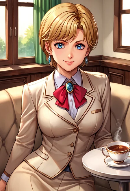 score_9, score_8_up, score_7_up, source_anime, , (best quality) , (highly detailed) , (best quality) , (highly detailed) ,((masterpiece)), ((best quality)), (ultra-detailed), ((extremely detailed)), (high resolution), 4K, (8K), best quality, (beautiful), (dynamic lighting), (super detailed skin), sharp focus, (1_girl, solo focus), shiny skin, masterpiece ,absurdres ,detailed face ,<lora:pony_xl_Hildegard:0.8>,Hildegard,score_9,score_8_up,1girl,female,kawaii,solo,short hair,earrings,suit,white collared shirt,ascot,brooch,upper_body,looking_at_viewer,smile,closed mouth,sitting,couch,table,window_,curtains,stretching your spine,cup,teacup,saucer,parody,, cinematic lighting, Intricate, High Detail, Sharp focus, dramatic, masterpiece, best quality, ultra-detailed, detailed, detailed body, detailed face, UHD, kawaii, cute, very big eyes, Aesthetic Anime Eyes, (8k, masterpiece, best quality, ultra-detailed),