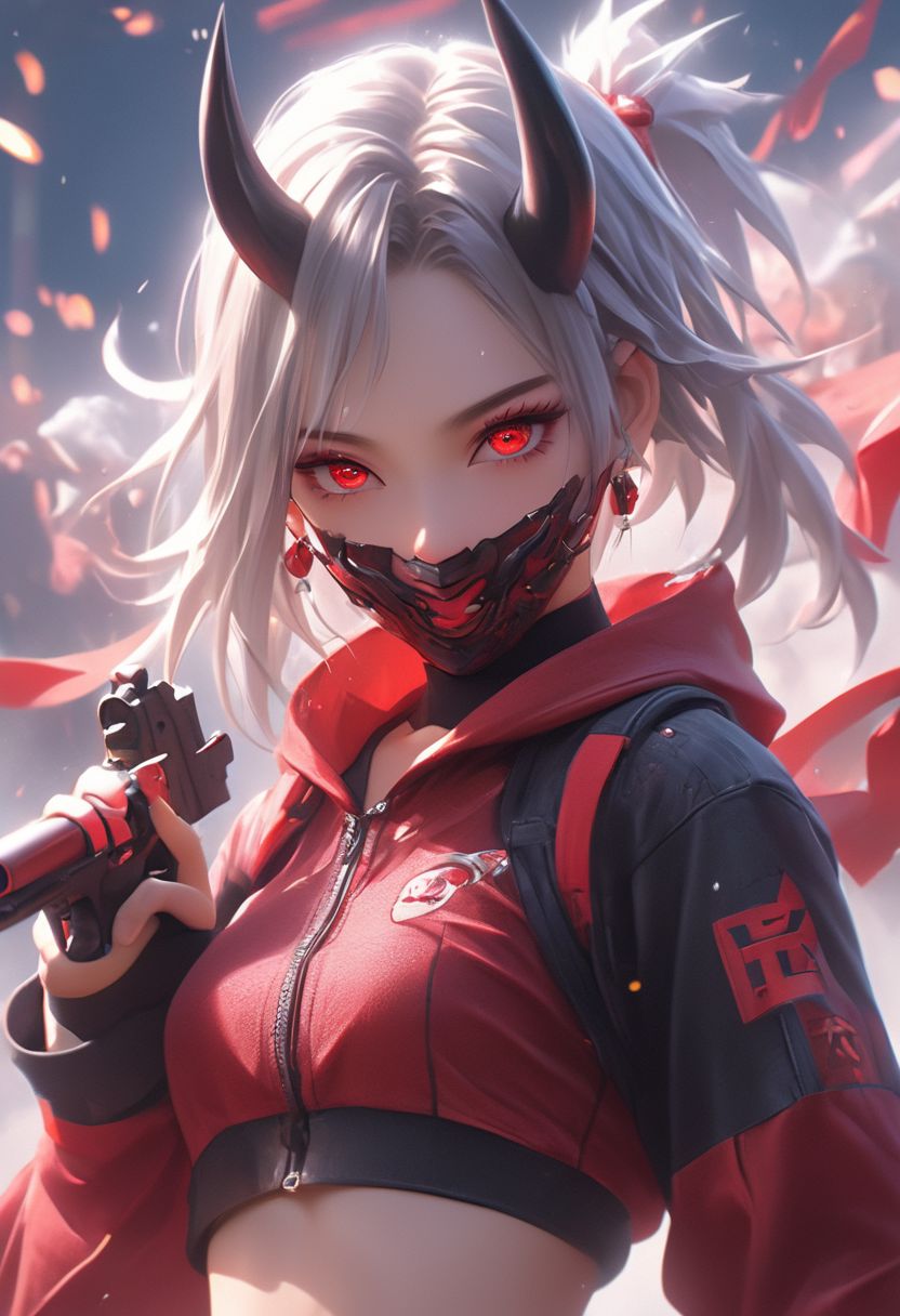 WLOP art style, Digital painting style visual effects, real humans, (Korean girl), Temari, looking at the audience, female, ((With straight one pair Oni Horns on On the forehead)), (((solo))), Innocent eyes and smile, ((((folded double pigtails)))) ,white hair, short hair, (fluffy very short (spiky pigtails)), ((abs)), ((((navel exposed)))), (Face mask), ((abs)), ((((navel exposed)))), black short Hoodie, red long-sleeved top, tight denim hot pants, long legs, clear face, ruby ​​red eyes, holding a gun, gun in hand, looking up, bright eyes, clarity, movie shot, (full body), complex Details, 8k post-production, faithful and colorful movies,