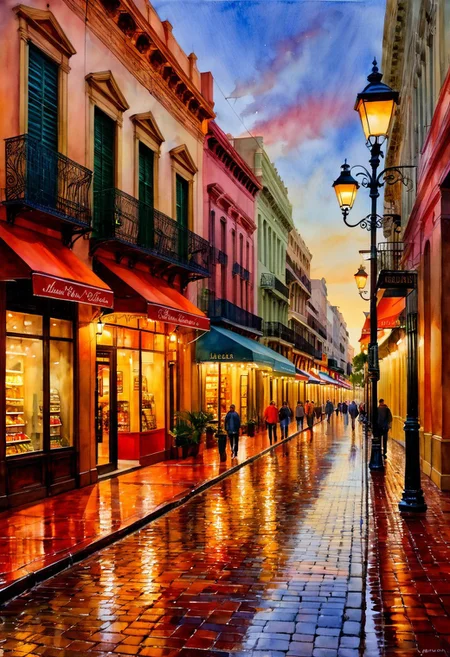 (masterpiece: 1.4), best quality, watercolor, ink, oil and pencil, oil painting, Argentina, Buenos Aires, Florida street, contemporary, late afternoon shops and pedestrians shopping on wet cobblestone streets, warm electric lights from shops and street lamps