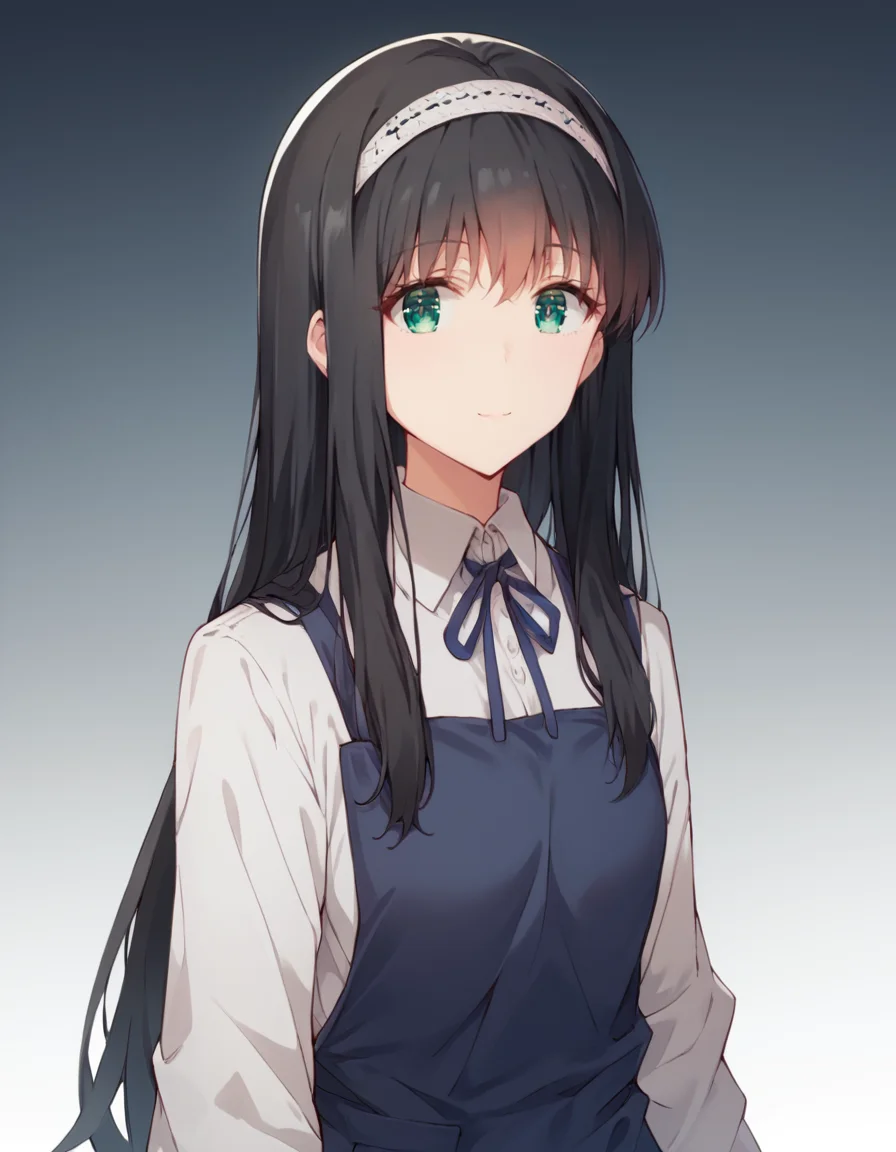 score_9, score_8_up, score_7_up, source_anime,
1girl, solo, looking at viewer, gradient background, light smile,
<lora:shiori_yomiuri_anime_v3-soralz:1>,
shiori yomiuri, black hair, long hair, sidelocks, white hairband, green eyes,
work uniform, blue apron, blue ribbon, white collared shirt,