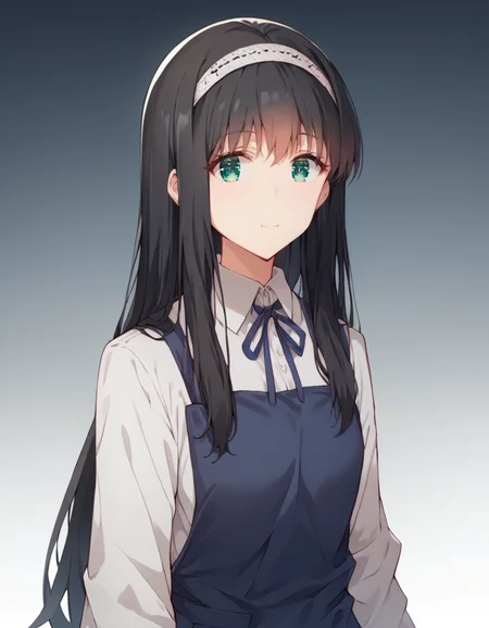 score_9, score_8_up, score_7_up, source_anime,
1girl, solo, looking at viewer, gradient background, light smile,
<lora:shiori_yomiuri_anime_v3-soralz:1>,
shiori yomiuri, black hair, long hair, sidelocks, white hairband, green eyes,
work uniform, blue apron, blue ribbon, white collared shirt,