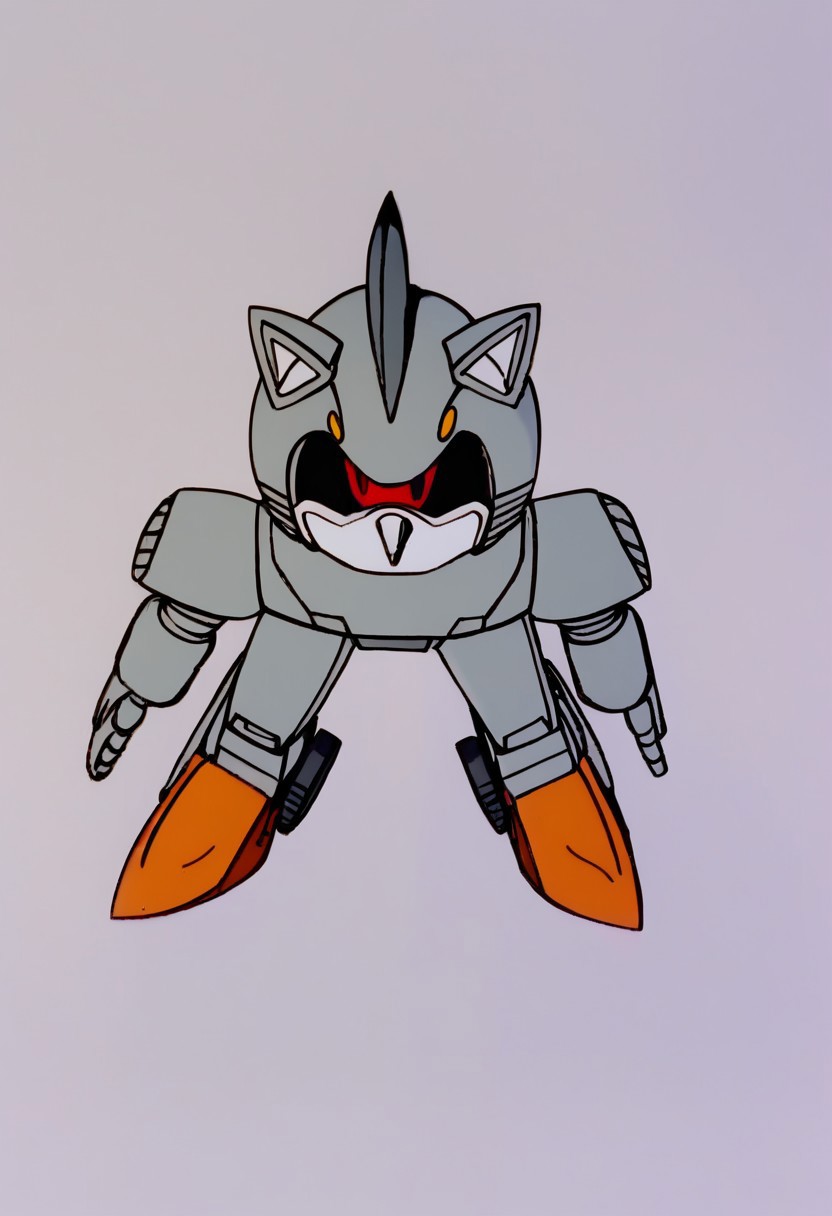 MechaMk1, 1boy, no humans, robot, mecha, robotic version of Sonic, bulky silver gray exoskeleton, bright orange feet, single glowing eye, several rotating blades on the back of head heavily armored body, blocky silver gray exterior while the black endoskeleton is visible from the back, red eye, black sclera, colored sclera, solo, full body, standing, Transformers, Animation, <lora:Transformers 86 FT:1>