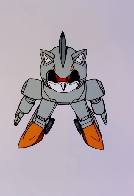 MechaMk1, 1boy, no humans, robot, mecha, robotic version of Sonic, bulky silver gray exoskeleton, bright orange feet, single glowing eye, several rotating blades on the back of head heavily armored body, blocky silver gray exterior while the black endoskeleton is visible from the back, red eye, black sclera, colored sclera, solo, full body, standing, Transformers, Animation, <lora:Transformers 86 FT:1>