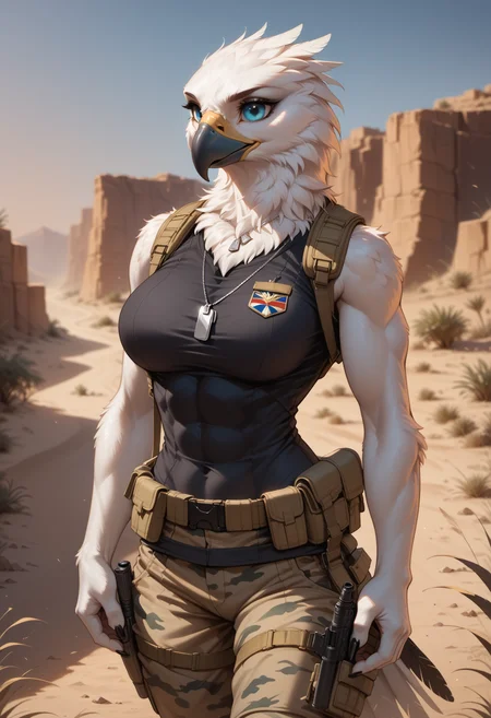 score_9, score_8_up, score_7_up, highres, high quality, perfection, masterpiece, detailed, aesthetic, well-lighted,
1girl, solo, cowboy shot,
desert, road,
anthro, feathers, feathered body, beautiful girl, cute girl, adult, youthful, beautiful face, beautiful eyes, perfect eyes, detailed eyes,
eagle girl, large breasts, blue eyes, muscular, strong,
(feather trim:1.2), black t-shirt, sleeveless, military uniform, camouflage, tactical gear, dog tags,