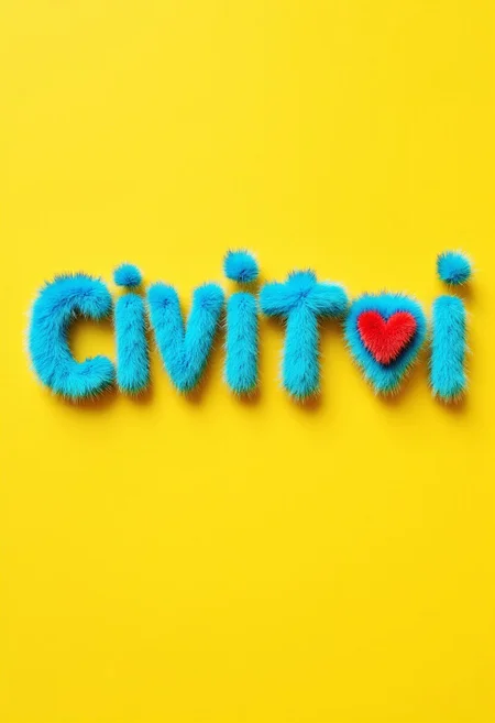furrytext the word "CIVITAI" and a heart emoji, with bright turqoise letters coated in bright turquoise furr on yellow background.
