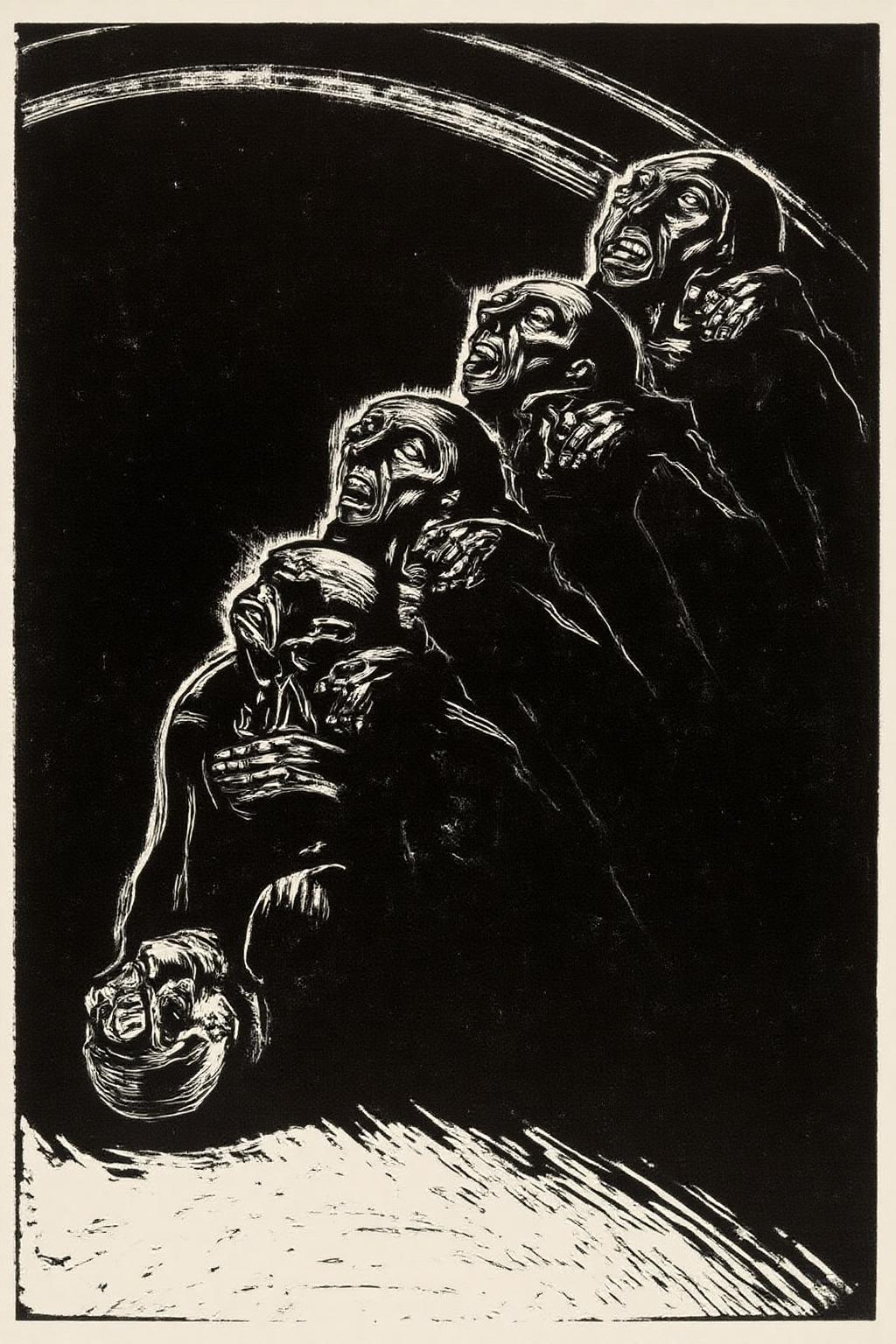 kako1 black and white woodcut print. 
This is a black-and-white, high-contrast woodcut print. The artwork features a dynamic, stylized scene of five figures, likely representing people, depicted in a dramatic, almost surrealistic manner. The figures are rendered in bold, white lines against a dark background, creating a stark contrast that emphasizes the intensity of the scene. The figures are arranged in a diagonal line, leaning forward. They are facing and looking upward, giving the impression of movement and struggle. <lora:kako3_woodcut_cap_d6a3e11:1.0><lora:817642480725003670:0>
