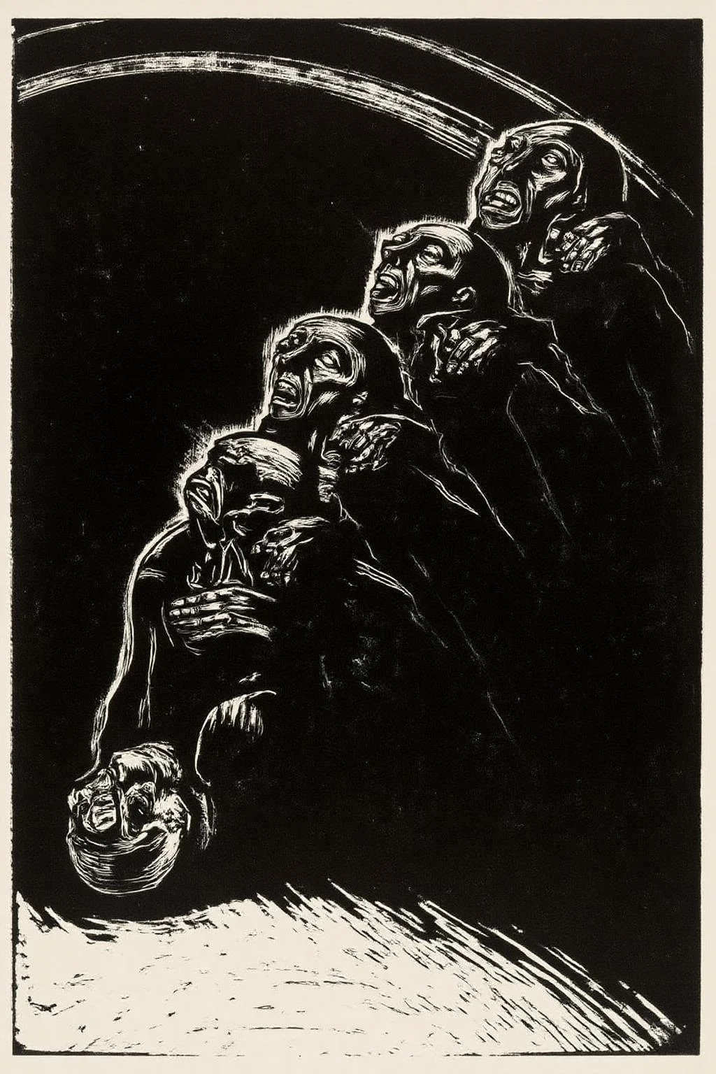 kako1 black and white woodcut print.
This is a black-and-white, high-contrast woodcut print. The artwork features a dynamic, stylized scene of five figures, likely representing people, depicted in a dramatic, almost surrealistic manner. The figures are rendered in bold, white lines against a dark background, creating a stark contrast that emphasizes the intensity of the scene. The figures are arranged in a diagonal line, leaning forward. They are facing and looking upward, giving the impression of movement and struggle. <lora:kako3_woodcut_cap_d6a3e11:1.0><lora:817642480725003670:0>