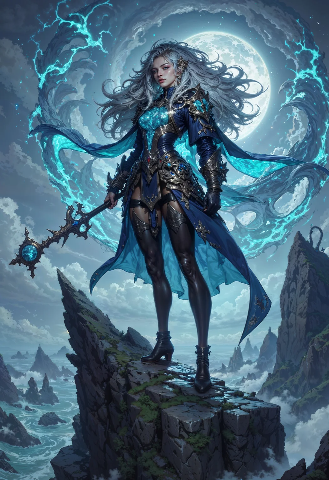 A tempestuous sylph who embodies the raw power of the skies, standing atop a jagged cliff overlooking the swirling mists of the Fae Realm. Her flowing, storm-gray hair crackles with streaks of lightning, and her piercing silver eyes glow like the heart of a storm. She wears armor forged from storm-forged metal and adorned with whorls of glowing blue energy. Her translucent, wind-like wings ripple with the energy of a gale, constantly shifting as if caught in an eternal wind. In her hand, she wields a staff crowned with a crystal orb that crackles with electric energy. Around her, the air hums with the power of a brewing storm, and faint echoes of thunder roll in the distance.
