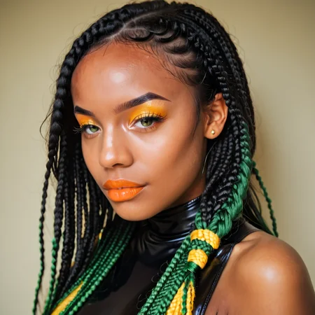 score_9, score_8_up, score_7_up, score_6_up, score_5_up, score_4_up, 1girl, solo, 40 years old, beautiful woman, mature woman, beautiful face and eyes, sexy lips, black woman, (multicolor box braids, green black and yellow thick box braids), neon background, lipstick and eyeshadow, dark skin, perfect photos shots, side view, latex bodysuit, side view, glowing, neon<lora:Pony_XL_Colorful_Box_Braids-000006> <lora:lukethighwalkerneonponyv6>