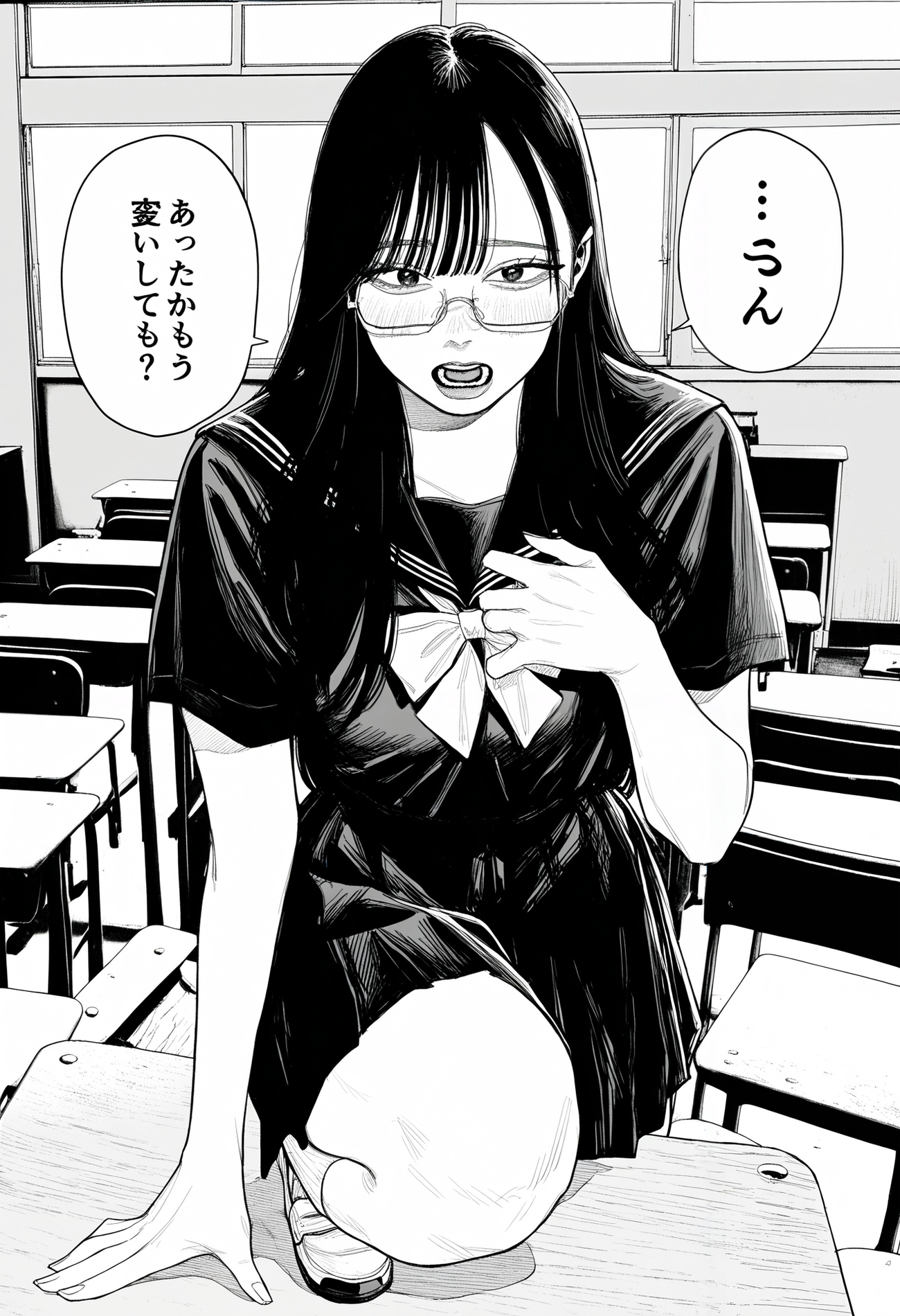 1girl, solo, long hair, asymmetrical bangs, long eyelashes, semi-rimless eyewear, 
school uniform, black serafuku, white bowtie, black shirt, black skirt, short sleeves, white footwear, 
indoors, classroom, on table, on one knee, knee up, blush, hand on own chest, open mouth, speech bubble, looking at viewer,
masterpiece, best quality, amazing quality, absurdres, newest, monochrome, greyscale, realistic, white background,
<lora:owk_bsh_yy:0.8>