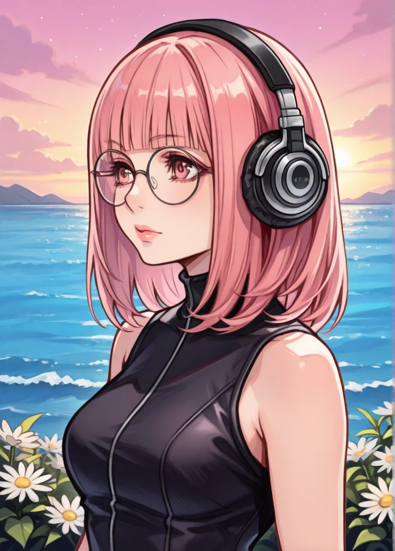 tetsuyaxd,
masterpiece, best quality, amazing quality, very aesthetic, absurdres, newest, detailed background, 4k, 8k, outdoors,
adult, 1woman, newest,absurdres,incredibly absurdres, very aesthetic, solo, medium hair, pink hair, upper body, flower, glasses, blunt bangs, lips, headphones, round eyewear, (limited palette:1.2 l,
<lora:Tetsuya_Nomura_Style:1>