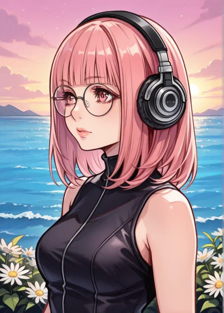 tetsuyaxd,
masterpiece, best quality, amazing quality, very aesthetic, absurdres, newest, detailed background, 4k, 8k, outdoors,
adult, 1woman, newest,absurdres,incredibly absurdres, very aesthetic, solo, medium hair, pink hair, upper body, flower, glasses, blunt bangs, lips, headphones, round eyewear, (limited palette:1.2 l,
<lora:Tetsuya_Nomura_Style:1>