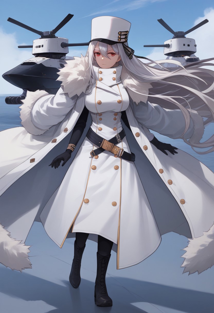 score_9_up, score_8_up, score_7_up, source_anime, extreamly detailed, beautiful detailed face, complex detailed background, 1girl, completely clothes, BREAK,
SOVETSKAYA ROSSIYA \(AZUR LANE\), SOVETSKAYA ROSSIYA REGULAR CLOTHES,  long hair, breasts, looking at viewer, large breasts, red eyes, gloves, hat, hair between eyes, very long hair, full body, white hair, boots, black gloves, belt, black footwear, uniform, coat, fur trim, buttons, white headwear, high collar, military hat, white coat, double-breasted, rigging, fur-trimmed coat