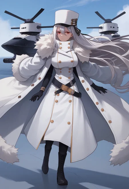 score_9_up, score_8_up, score_7_up, source_anime, extreamly detailed, beautiful detailed face, complex detailed background, 1girl, completely clothes, BREAK,
SOVETSKAYA ROSSIYA \(AZUR LANE\), SOVETSKAYA ROSSIYA REGULAR CLOTHES, long hair, breasts, looking at viewer, large breasts, red eyes, gloves, hat, hair between eyes, very long hair, full body, white hair, boots, black gloves, belt, black footwear, uniform, coat, fur trim, buttons, white headwear, high collar, military hat, white coat, double-breasted, rigging, fur-trimmed coat