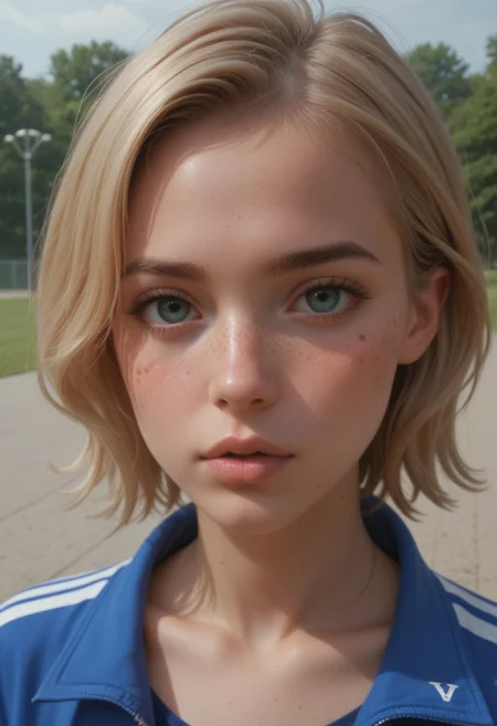 score_9, score_8_up, score_7_up, score_6_up, score_9, score_8_up, score_8, ((portrait, close up, face focus)), 1 girl, 18 year old girl, ((mean expression, closed lips)), leu_hanna2, ((freckles)), blonde short hair, flat chest, perfect round boobs , cute sweet girl, beautiful woman , slim legs, pouty lips, dynamic view, blush,
shy, arched back, wearing sport outfits, jacket, park