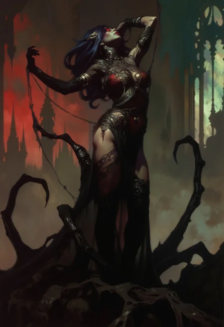(masterpiece, best quality), Dark art in chdmchlwrd style, 
A tall, seductive spider woman with a dark, glistening exoskeleton and long, toned legs. Her upper body is human-like, with deep crimson skin and thick, midnight-blue hair cascading over her shoulders. She wears a sheer web-like dress that clings to her voluptuous figure, and her eight piercing red eyes glint with a predatory, mesmerizing allure. Shadows cling to her as she moves, creating a tense, dangerous atmosphere as she weaves her silken trap.
,big butt, booty, bubble butt, emphasis on her ass, seductive,
, detailxl