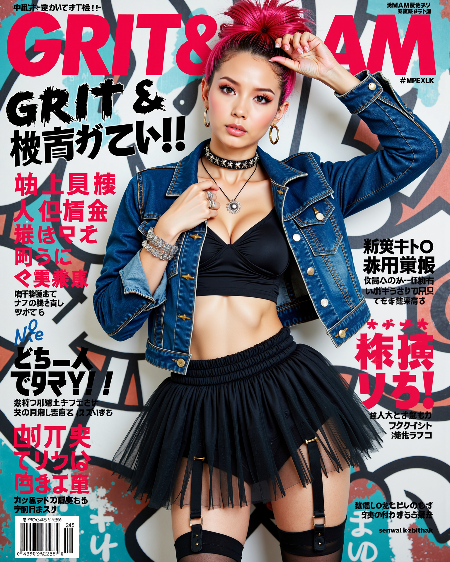 The magazine cover of a Japanese adult video, titled "Grit & Glam" with the japanese text and elements of the laid out in a typical fashion magazine format.. featuring a girl with a vibrant mohawk, striking a confident pose. She wears a patched denim jacket over a cropped tank top, paired with a dramatic tulle tutu skirt, ripped tights, and platform sneakers. Accessories include a spiked choker and chunky silver rings, adding edge to her rebellious look. The background showcases graffiti-inspired patterns with bold, distressed text completing the energetic, defiant aesthetic.<lora:Covers\JAVCompany_vol1_AIdeaPocket.safetensors:0.9:0.9> <lora:Merge\best_of_flux_v30_rank64_bf16-step01750.safetensors:0.5:0.5>
