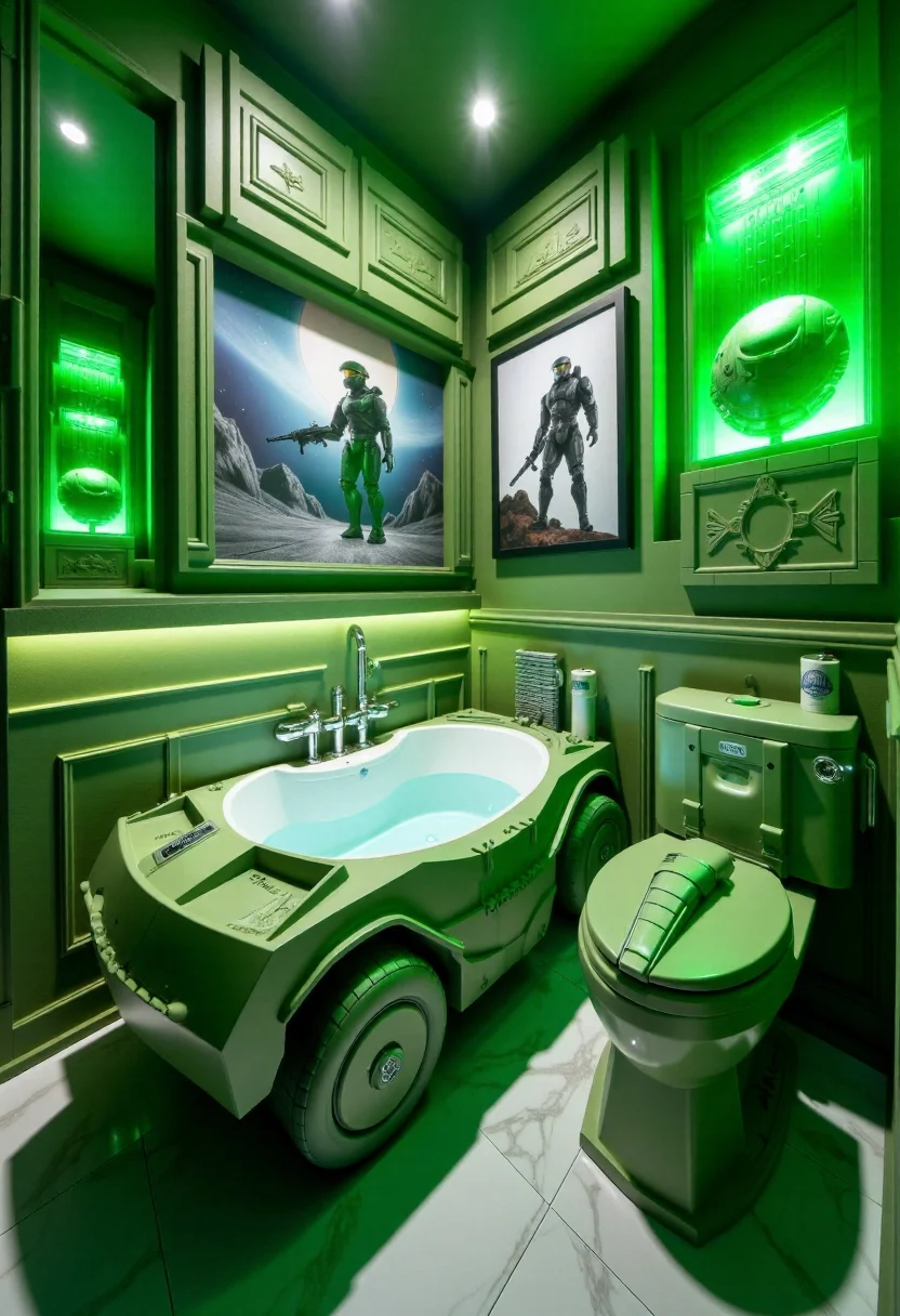 <lora:Custom_Bathroom_Crafter_FLUX-000013:0.8>
This is a photograph of a futuristic, Halo: Combat Evolved themed bathroom, with green details, Halo Warthog shaped bathtub, and Master Chief toilet.