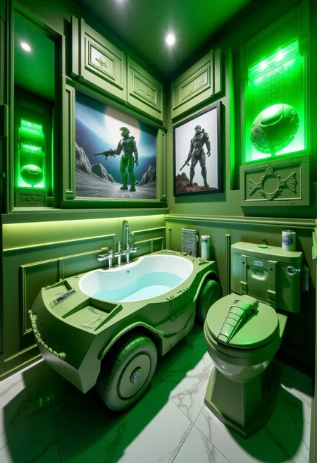 <lora:Custom_Bathroom_Crafter_FLUX-000013:0.8>
This is a photograph of a futuristic, Halo: Combat Evolved themed bathroom, with green details, Halo Warthog shaped bathtub, and Master Chief toilet.