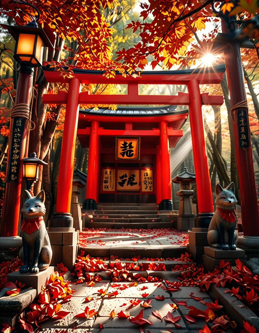 A breathtaking Inari shrine hidden within a serene Japanese forest during autumn. The scene is illuminated by the soft glow of traditional stone lanterns, casting warm golden light on the vibrant red torii gates that form a mesmerizing tunnel leading up the shrineâs stone steps. The ground is covered with delicate fallen maple leaves in shades of crimson, orange, and yellow. Kitsune (fox) statues with intricate details guard the entrance, wearing red bibs symbolizing their sacred role. The shrineâs wooden structure is adorned with ancient calligraphy and shimenawa ropes, exuding a mystical and spiritual atmosphere. Sunlight filters through the dense foliage, creating a tranquil interplay of light and shadow. The air feels crisp and filled with a sense of reverence and peace. The image is captured in a hyper-detailed, photorealistic style, with high dynamic range lighting enhancing the depth and richness of the colors.
<lora:SDXLFaeTastic2400:0.4> <lora:extremely_detailed:0.4> extremely detailed, <lora:Inari_shr1n3:1>,Inari shr1n3, Masterpiece,best quality,hi res,8k,hi res,8k,award winning,(sharp focus, intricate, highly detailed),