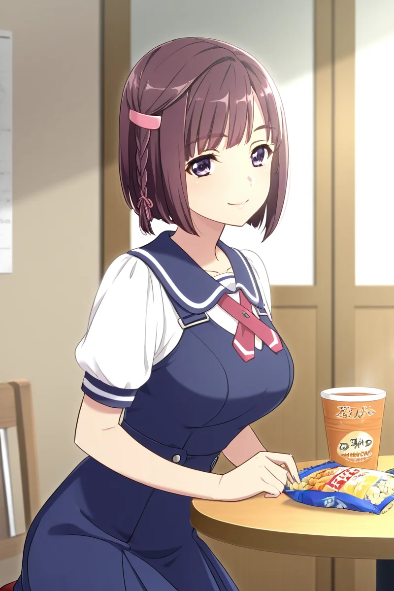 in cafe, (kimura manatsu, short hair, skirt, brown hair, shirt, single side braid hair, pink hair clip on right side, single braid on right side, bob-cut, sitting, table with snack, a cup of tea, school uniform, standing, purple eyes, white shirt, short sleeves, (blue pinafore dress), puffy sleeves, indoors, cowboy shot) 1girl, best quality, cowboy shot, seductive smile, Overall Detail, (slim, looking at viewer, young-adult), large breast, Fix hand <lora:Kimura_Manatsu_ATSK_illus:1>