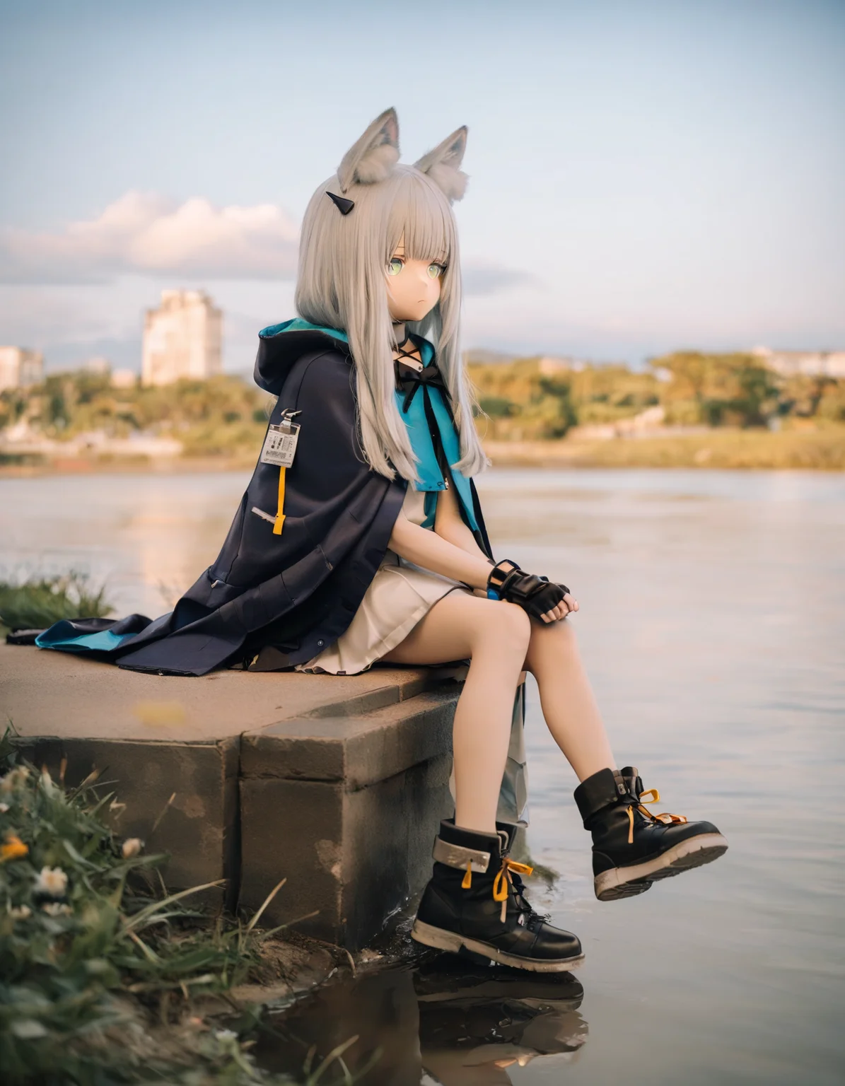 1girl,
rosmontis \(arknights\),
solo, green eyes, flat chest, animal ears, cat ears, white hair, jacket, full body, street, grass, river, sitting, (blurry:1.1), film grain, bare legs, sky, boots, water, fingerless gloves, blurry background, cat girl, cat, cape, dress, white dress, long hair, black footwear, black gloves, blue cape, road, expressionless, outdoors, blue sky, hood, cloud, animal ear fluff, gloves, black jacket,
masterpiece, best quality, safe
<lora:kig_xl_v1:0.8>