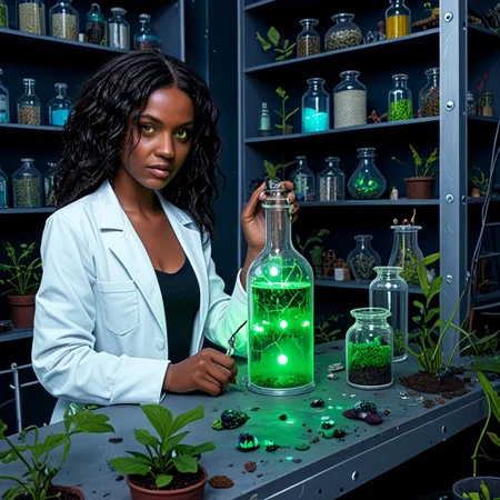 , dark skinned female mad scientist, dirty lab coat, cluttered messy laboratory, insect specimens, cryptozoologist, many plants, Shelves of a bioluminescent pixies, nymphs and fairies in a glass jars. eerie.Dark Fairy neon colours, in a laboratory,
Fantasy style. Fantasy dreamlike art.
Female Mad scientist,Glowing Style