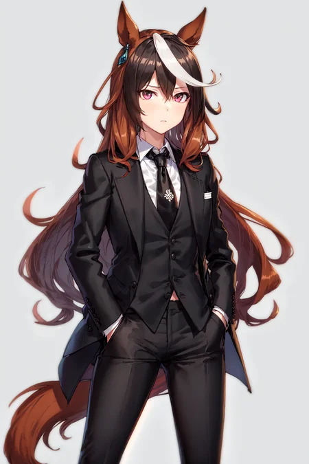 masterpiece, best quality,
symboli rudolf \(umamusume\),
alternate costume, formal, suit, black necktie, black jacket, collared shirt, white shirt, jacket on shoulders, hands in pockets, black pants, coat on shoulders, long sleeves,
<lora:sybmoli_rudolf_locon:0.6>