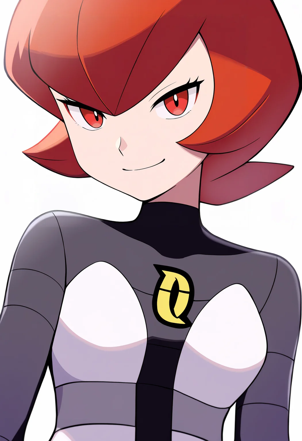 masterpiece, best quality, very aesthetic, absurdres,
1girl, mars \(pokemon\), bangs, red eyes, red hair, short hair,
team galatic uniform,
smile, upper body, looking at viewer, solo, simple background, white background <lora:MarsNoobXL_byKonan:1>