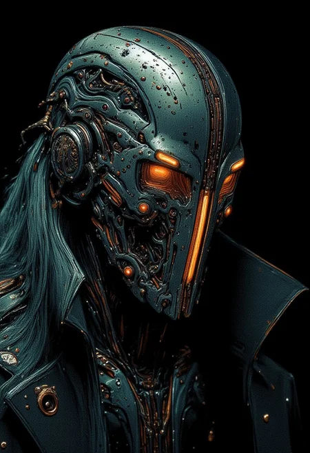The image is a digital illustration in a detailed, semi-realistic art style with 90s retro futuristic elements without noise or comic halftone effect. The subject is a sinister and enigmatic figure with a malicious grin. The figure wears intricately designed mechanical goggles, glowing with a cold light that casts an unsettling glow over their eyes. Their sharp, menacing teeth are revealed through the grin, amplifying their unsettling presence. Long, disheveled hair frames their face, draped in a dark, tattered cloak. The background fades into deep shadowy blackness, further accentuating the figure's ominous aura. Dramatic lighting highlights the gleaming, intricate details of the goggles, heightening the eerie tension and malevolence in the scene. The image has a vintage, desaturated 35mm film look, complete with faded colors, grainy texture, and a subtle vignette. The aesthetic recalls old Kodachrome or Lomography styles, with stained, worn details that add to the feeling of found footage. The color palette features muted shades of teal, dark teal, and navy, enhancing the overall mood of mystery and unease.
cyan colors, gray colors, yellow colors, pink colors, little of white colors