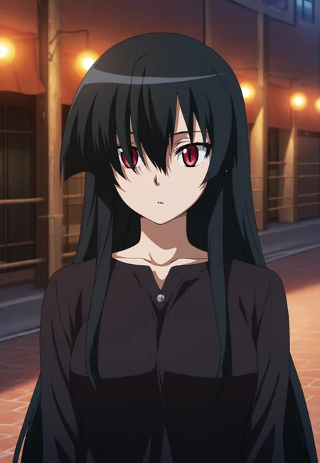 Akame, long hair, black hair, red eyes, slit pupils, hair over one eye, masterpiece, newest, absurdres, incredible absurdres, best quality, incredible quality, very aesthetic, 1girl, depth of field, blurred foreground, bokeh, modern city, orange trees, fences, curious