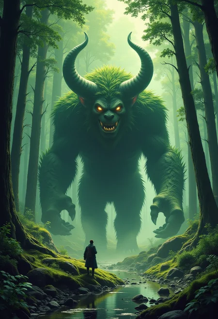 Beautiful art in the style of limbo game, Meeting a giant benevolent creature in the forest. 16K