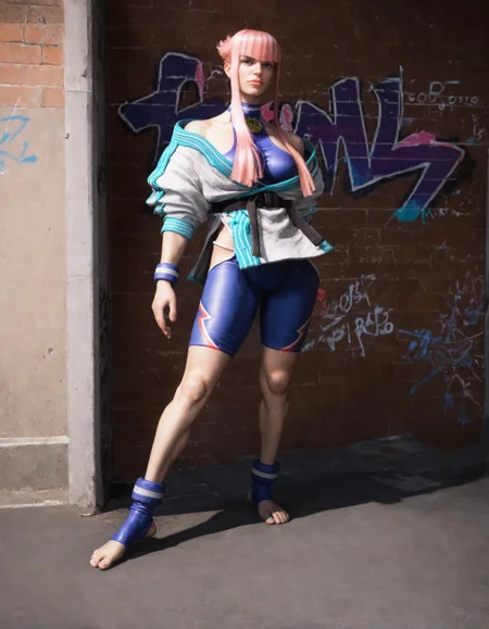 score_9, score_8_up, score_7_up,score_6_up,high resolution,mnon,mnon hair,3d,photo,realistic,pink hair,1girl,solo,full body,toeless legwear,jacket,bodysuit,in a street,wall graffiti,volumetric lighting,rim lighting,from side,dof,dramatic shadow,chiaroscuro