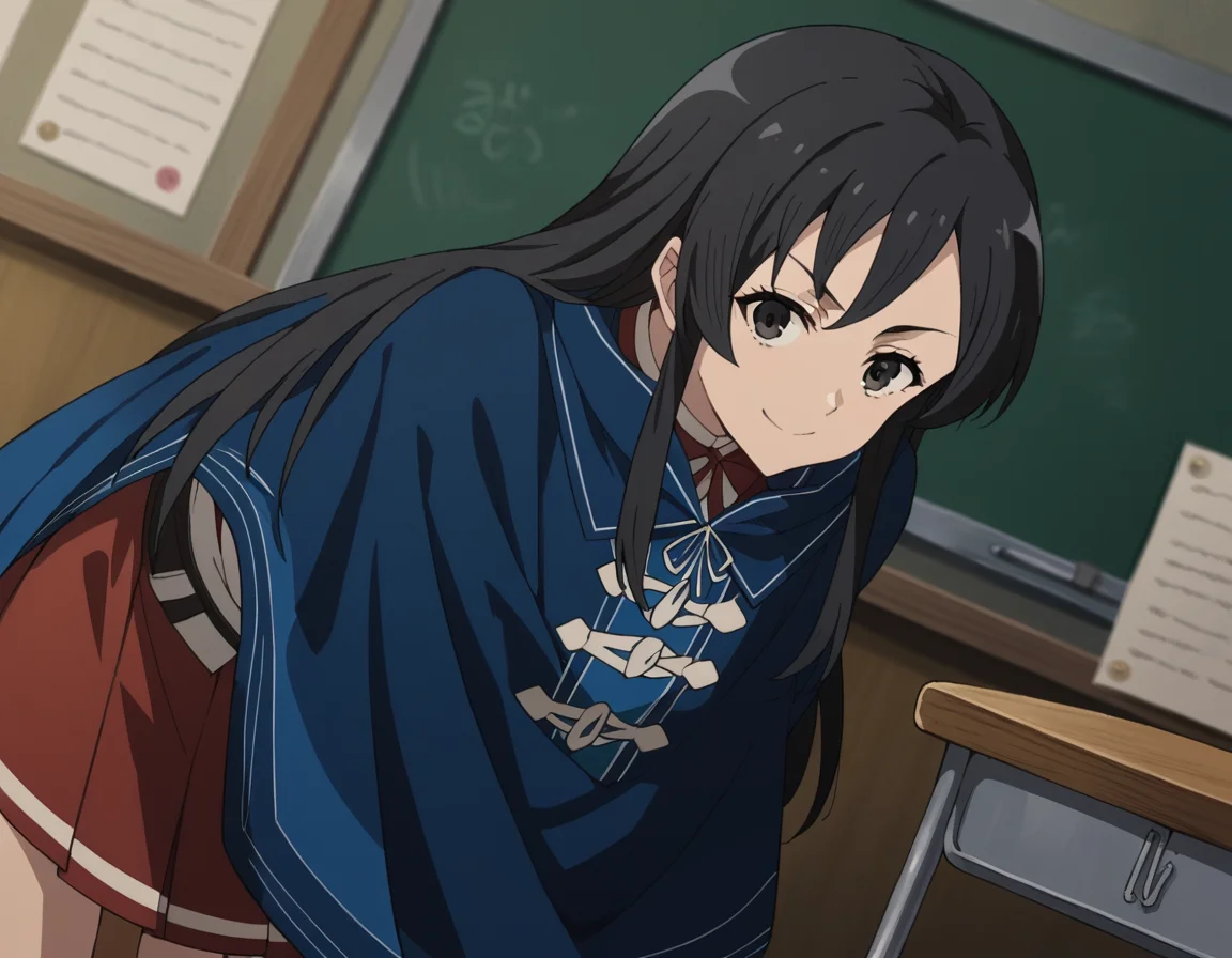 score_9, score_8_up, score_7_up, source_anime,
shizukananahoshi, <lora:shizuka-nanahoshi-s2-ponyxl-lora-nochekaiser:1>,
shizuka nanahoshi, long hair, black hair, black eyes, sidelocks,
skirt, long sleeves, pleated skirt, belt, cape, red skirt, blue cape,
indoors, classroom, bent over, smile,
solo, dutch angle, looking at viewer, cowboy shot,