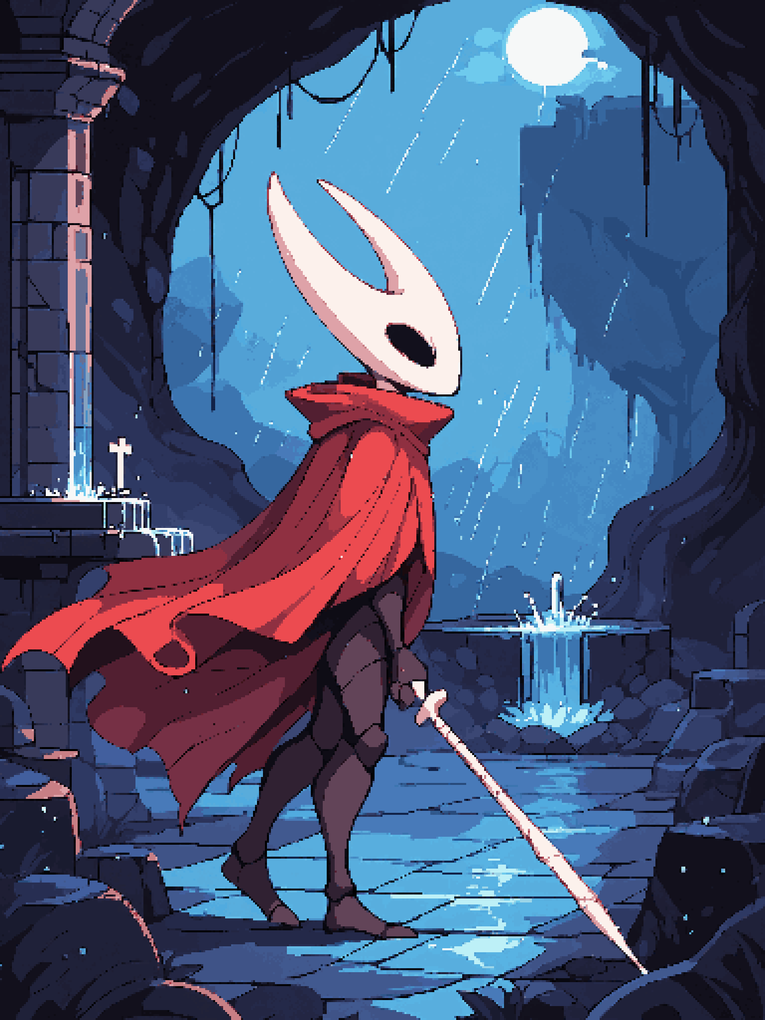 <lora:inkplasm:1.1> <lora:d3p1x3lXLP:1> d3p1x3l, pixel art, score_9, score_8_up, score_7_up, score_6_up, cave, fog, blue background, gothic city, stone walls, stone floor, fountain, rain, raining, side view, full body BREAK
hornet \(hollow knight\), arthropod, exoskeleton, black body, white mask, looking away, red cloak, walking, holding weapon, holding spear